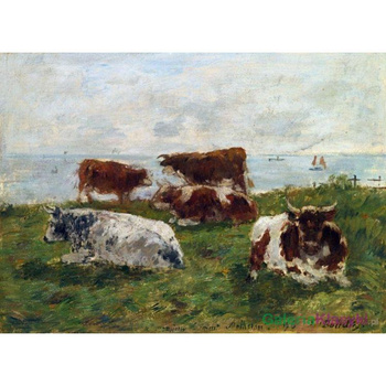 "Krowy na łące nad morzem" - Eugene Boduin