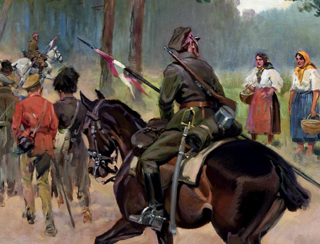 Ułani eskortujący jeńców na leśnej drodze - Wojciech Kossak