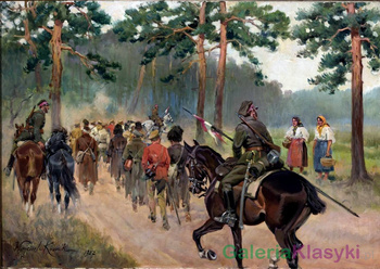 Ułani eskortujący jeńców na leśnej drodze - Wojciech Kossak