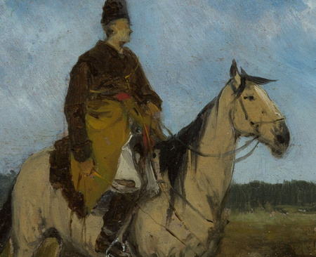 Jeździec na koniu z chartami - Jan Chełmiński