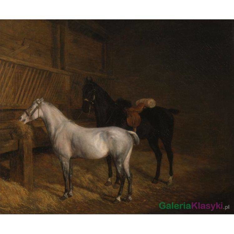 Szary kucyk i czarny wierzchowiec w stajni - Jacques-Laurent Agasse