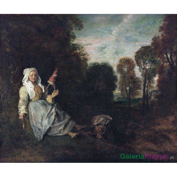 Wieczorny krajobraz z prząśniczką - Antoine Watteau